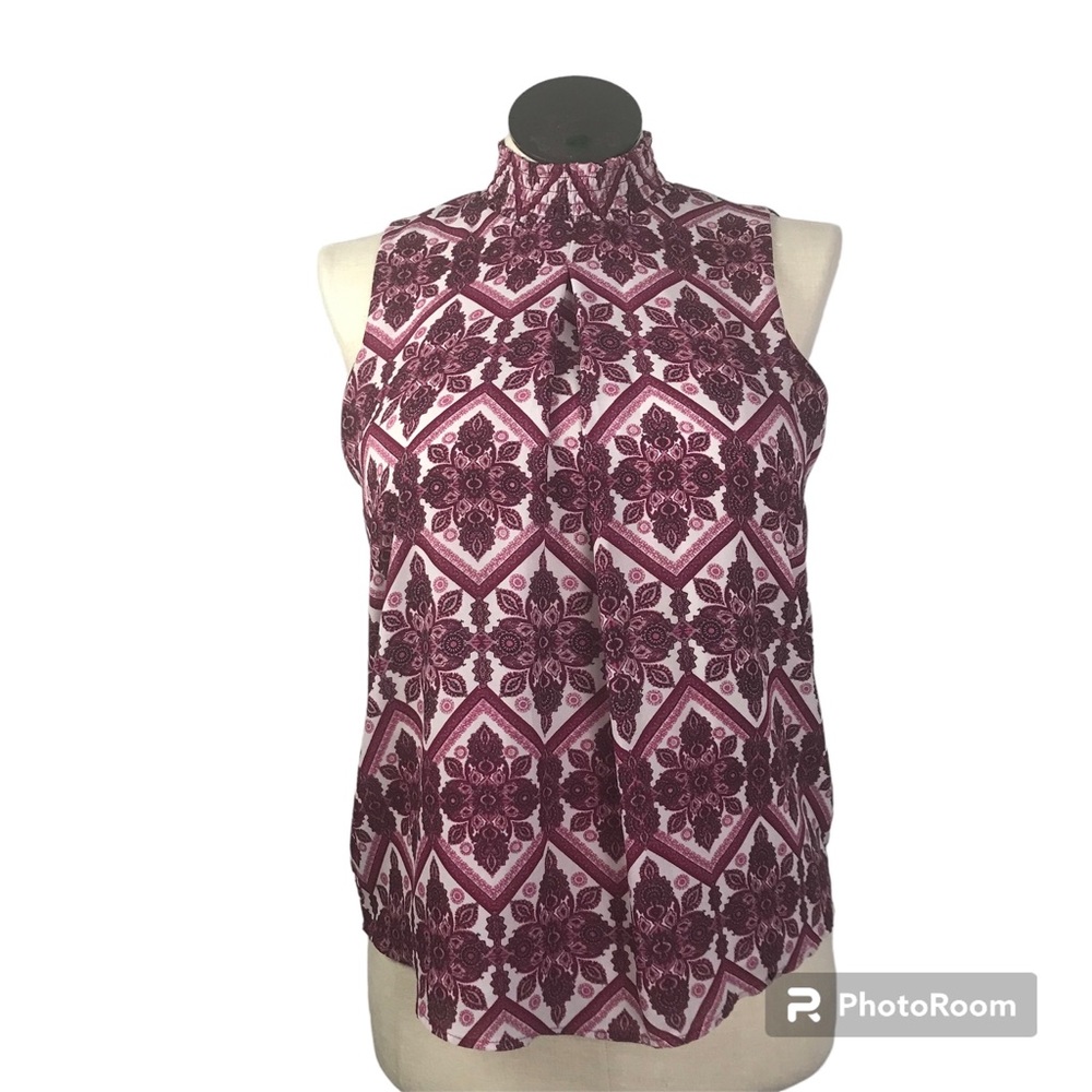 Pink Rose Mock Neck Sleeveless Blouse Women’s Size L Diamonds multicolor